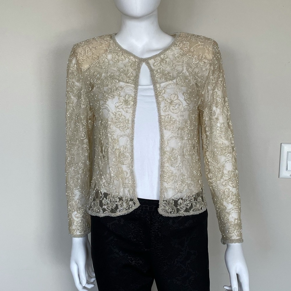 Vintage Beaded Sheer Lace Bridal Wedding Jacket